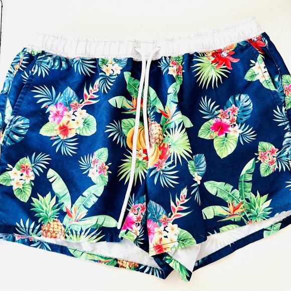 MENS AUSSIEBUM Navy Blue White Floral Palm Swim Trunks Shorts Pockets Unlined M - Picture 2 of 12